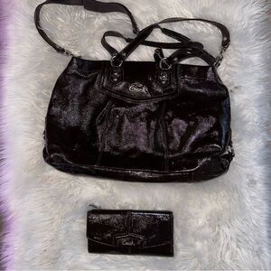 COACH Ashley chocolate patten leather bag, and matching wallet EUC